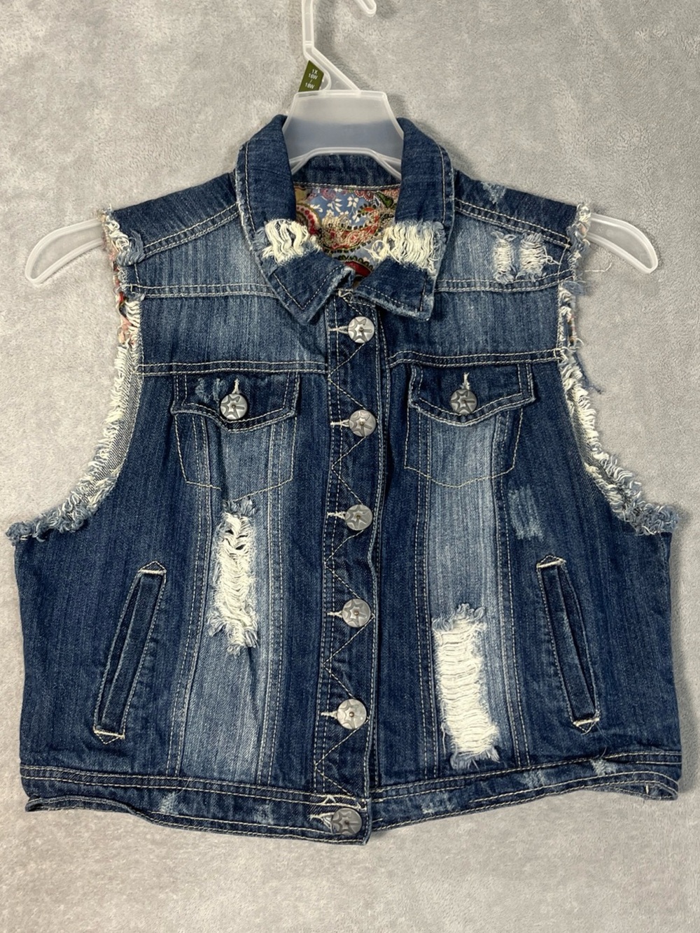 Vanilla Star Vest Womens Cropped Vest Sleeveless Blue Denim Cotton Distressed L